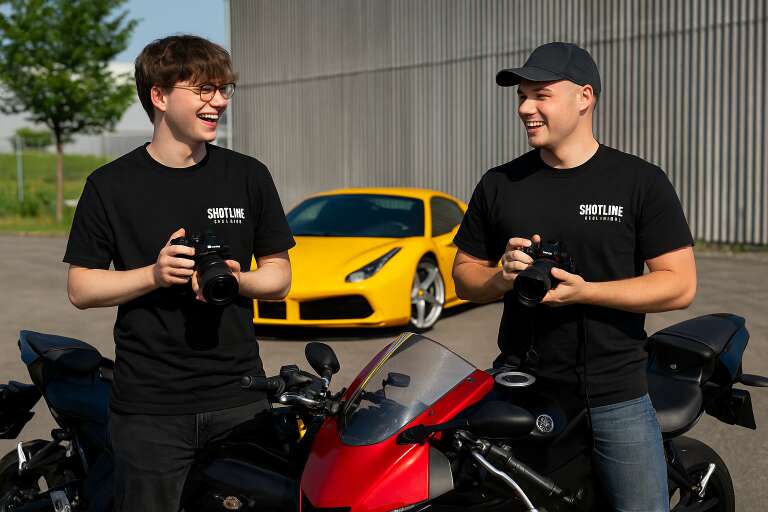 Pascal Kuratli und Joshua Böhme - Shotline Rheintal Team in Action mit Kameras, gelbem Sportwagen und rotem Motorrad